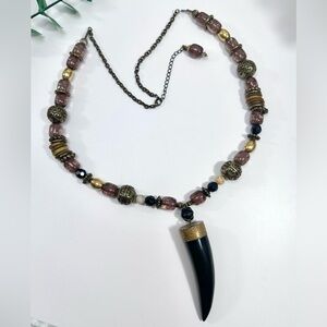 🖤Vintage Mixed Media Beaded Necklace with Horn Pendant